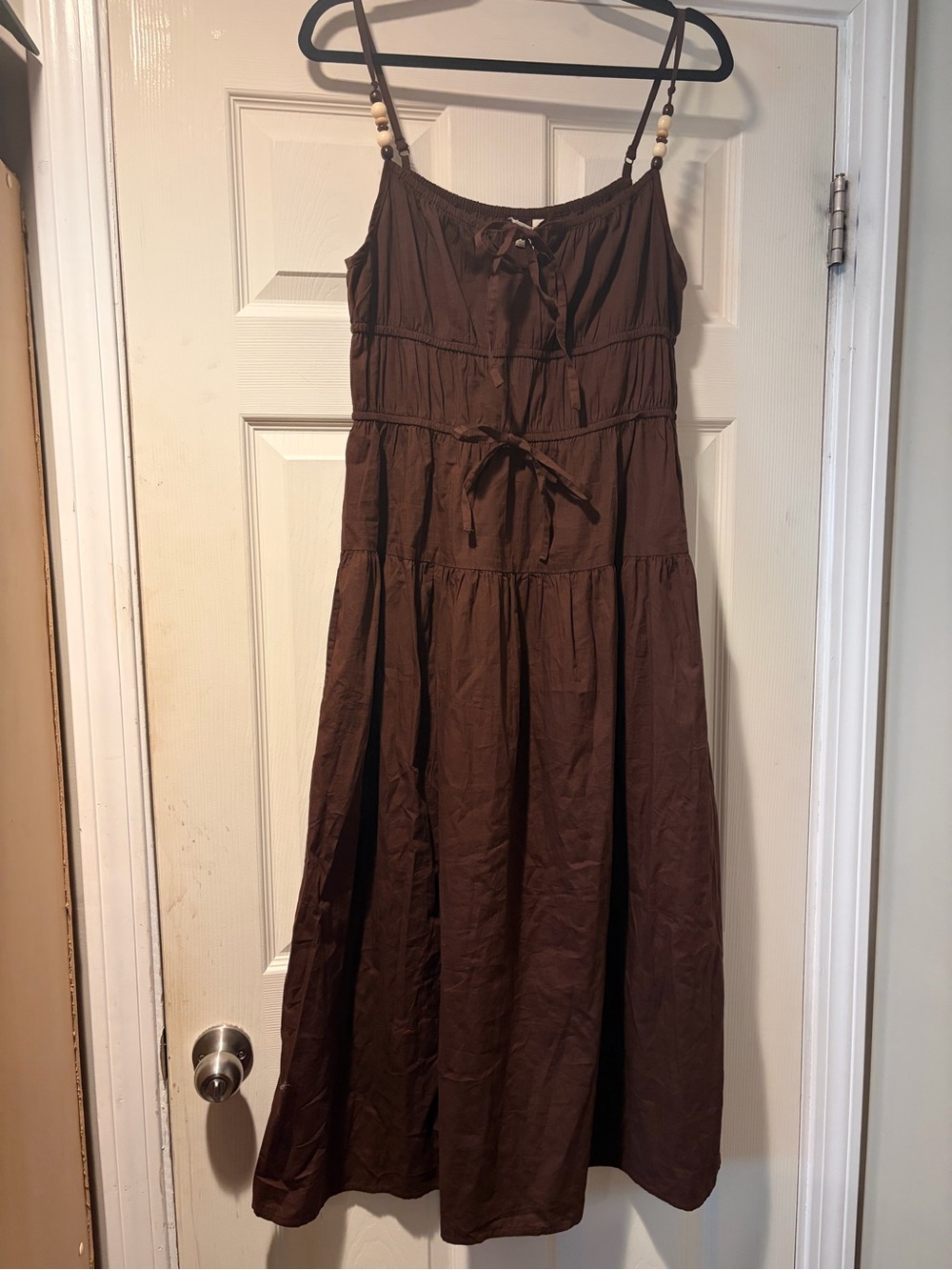 100% Cotton Tiered Milkmaid Spaghetti Strap Midi Dress in Brown XL